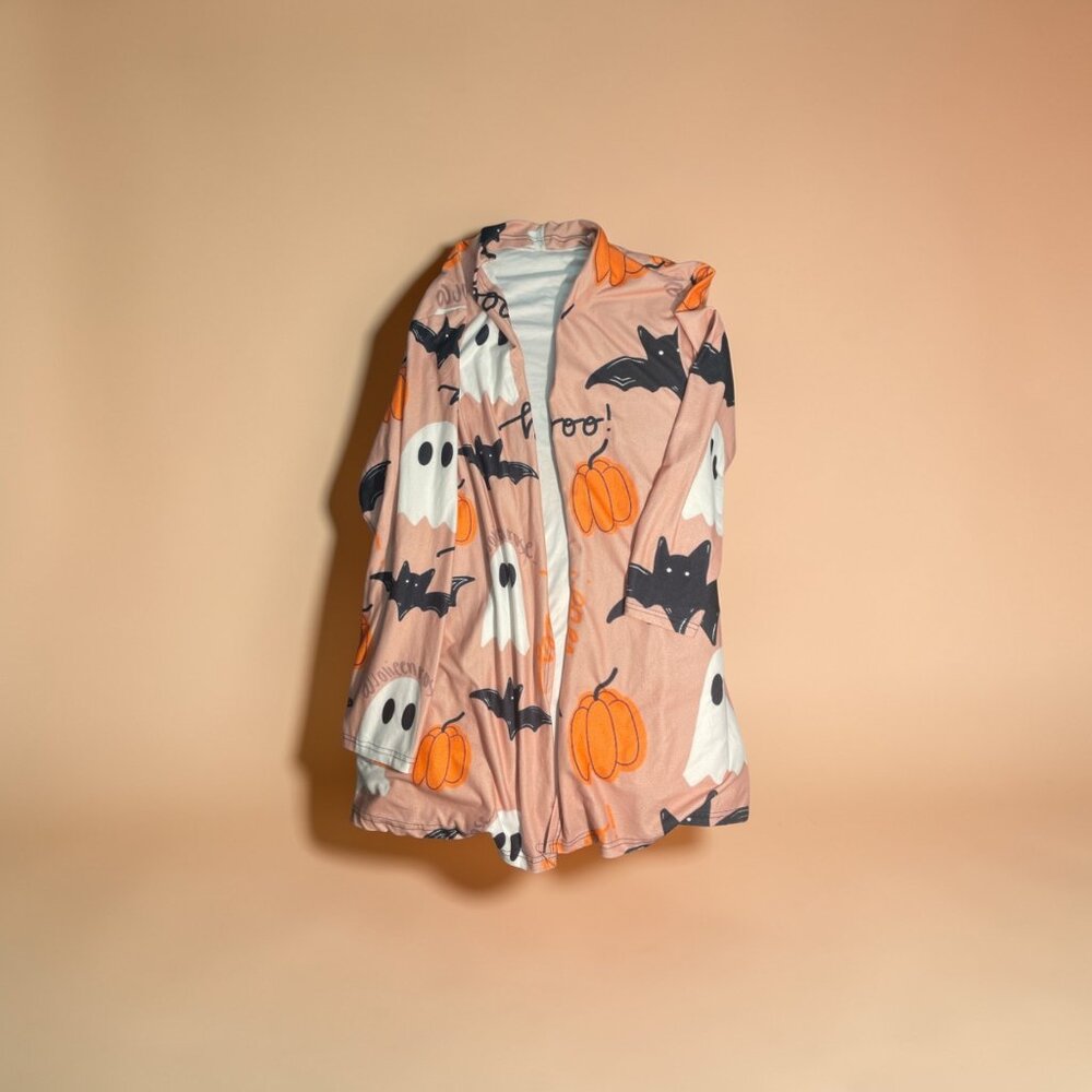Halloween Ghost Pumpkin Bat Boo Open Front Cardigan Pink Spooky Fall